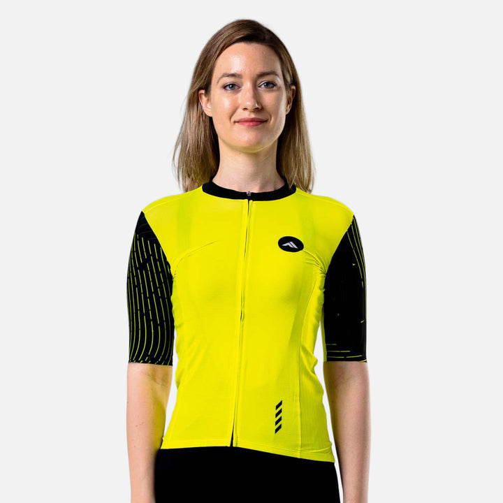 Ženski kolesarski dres Flow fluo-rumen – pogled od spredaj